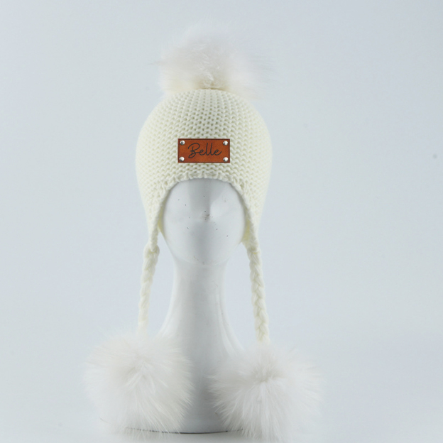 Personalized Leather Patch  Pom Pom Knit Hat With Tassels | HSKid46
