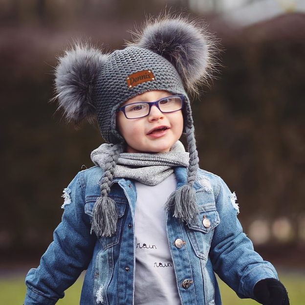 Personalized Leather Patch Pom Pom Knit Hat With Tassels | HSKid47