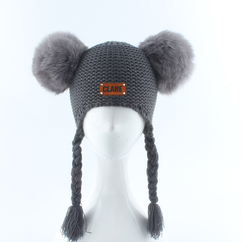 Personalized Leather Patch Pom Pom Knit Hat With Tassels | HSKid47