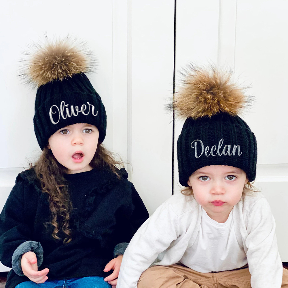 Personalized Embroidery Kid Pom Pom Hat With Scarf | HSKid48