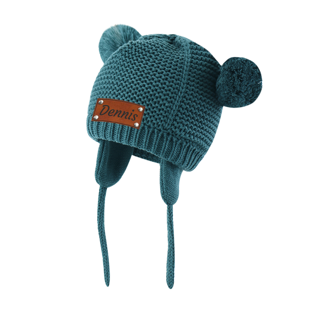 Personalized Leather Patch Pom Pom Knit Hat With Tassels | HSKid50