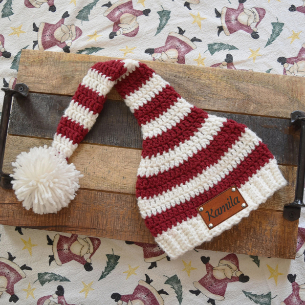 Personalized Leather Patch Christmas Long Tail Hat | MCGift89