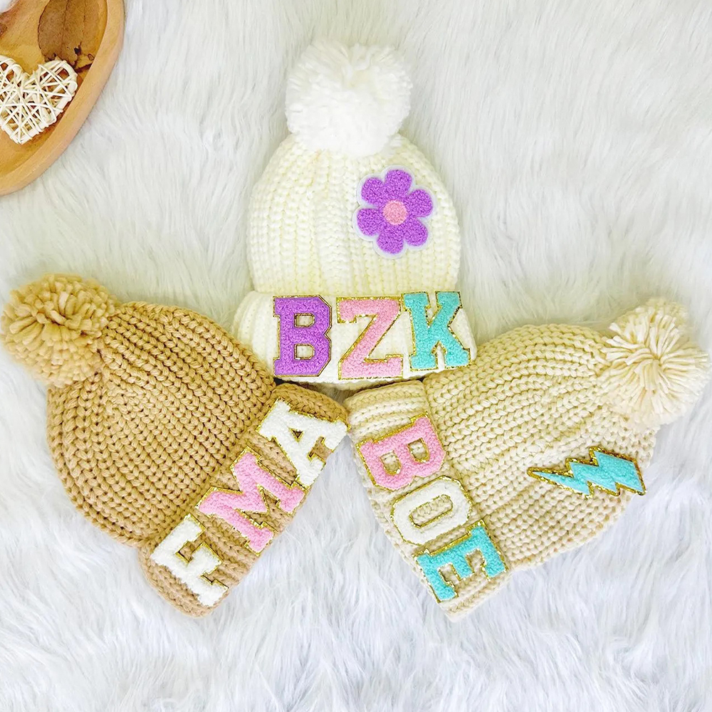 Personalized Lovely Chenille Patch Pom Pom Beanie| HSKid52