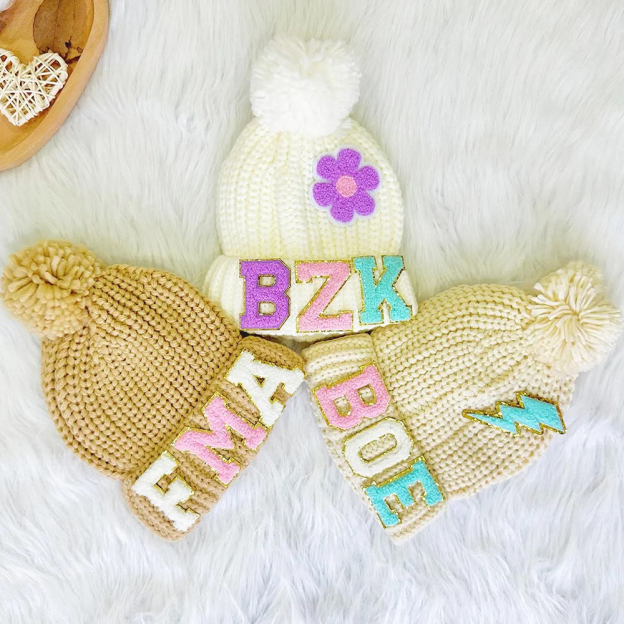 Personalized Lovely Chenille Patch Pom Pom Beanie| HSKid52