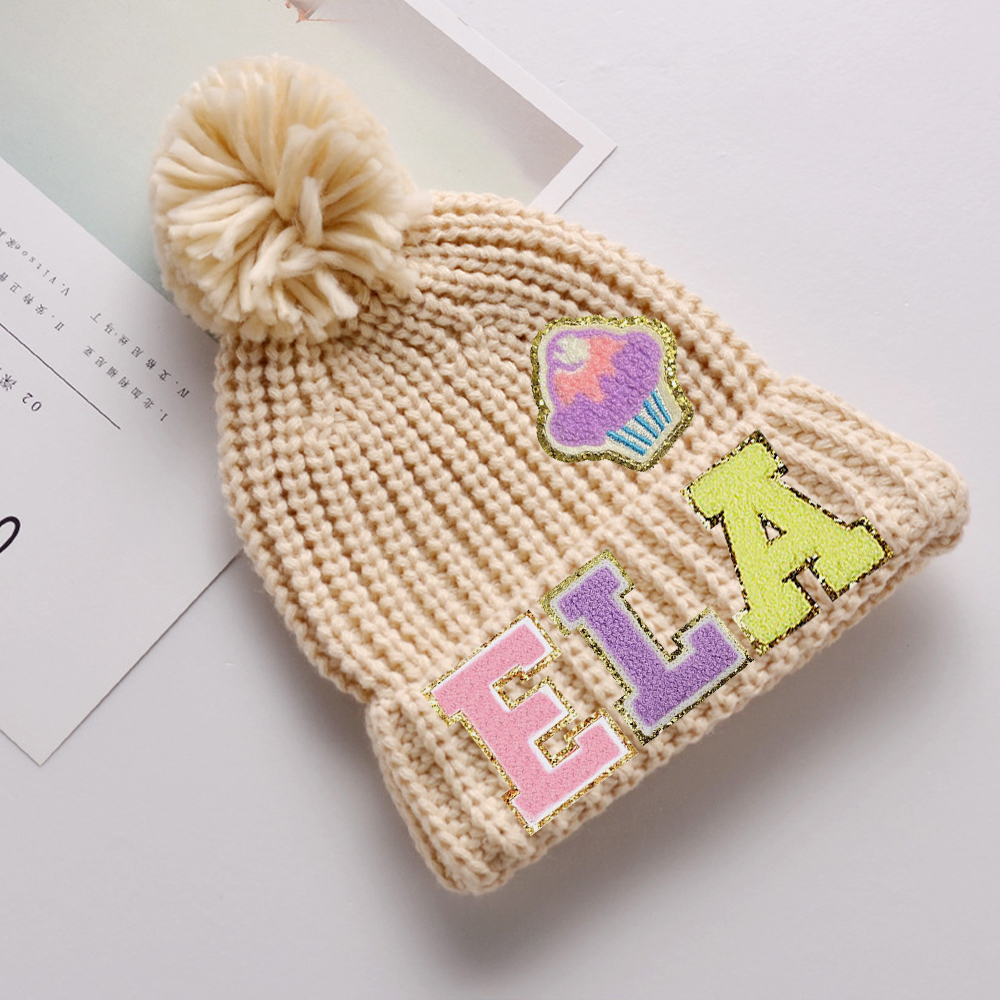 Personalized Lovely Chenille Patch Pom Pom Beanie| HSKid52