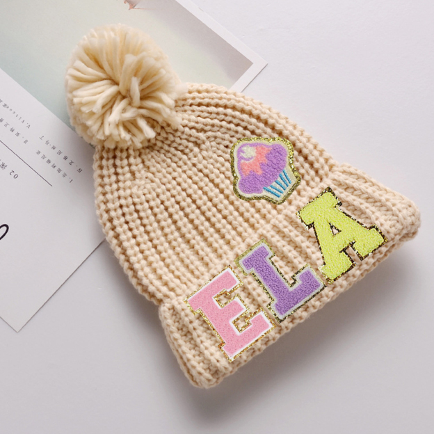 Personalized Lovely Chenille Patch Pom Pom Beanie| HSKid52
