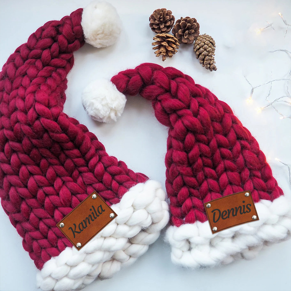 Personalized Leather Patch Chunky Knit Oversized Christmas Hat | MCGift97