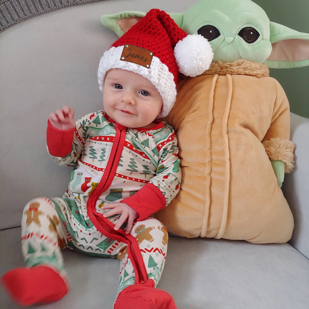 Personalized Leather Patch Crochet Christmas Santa Hat | MCGift98