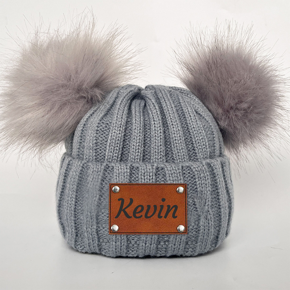 Personalized Leather Patch Kid Pom Pom Hat and Scarf | HSKid0101