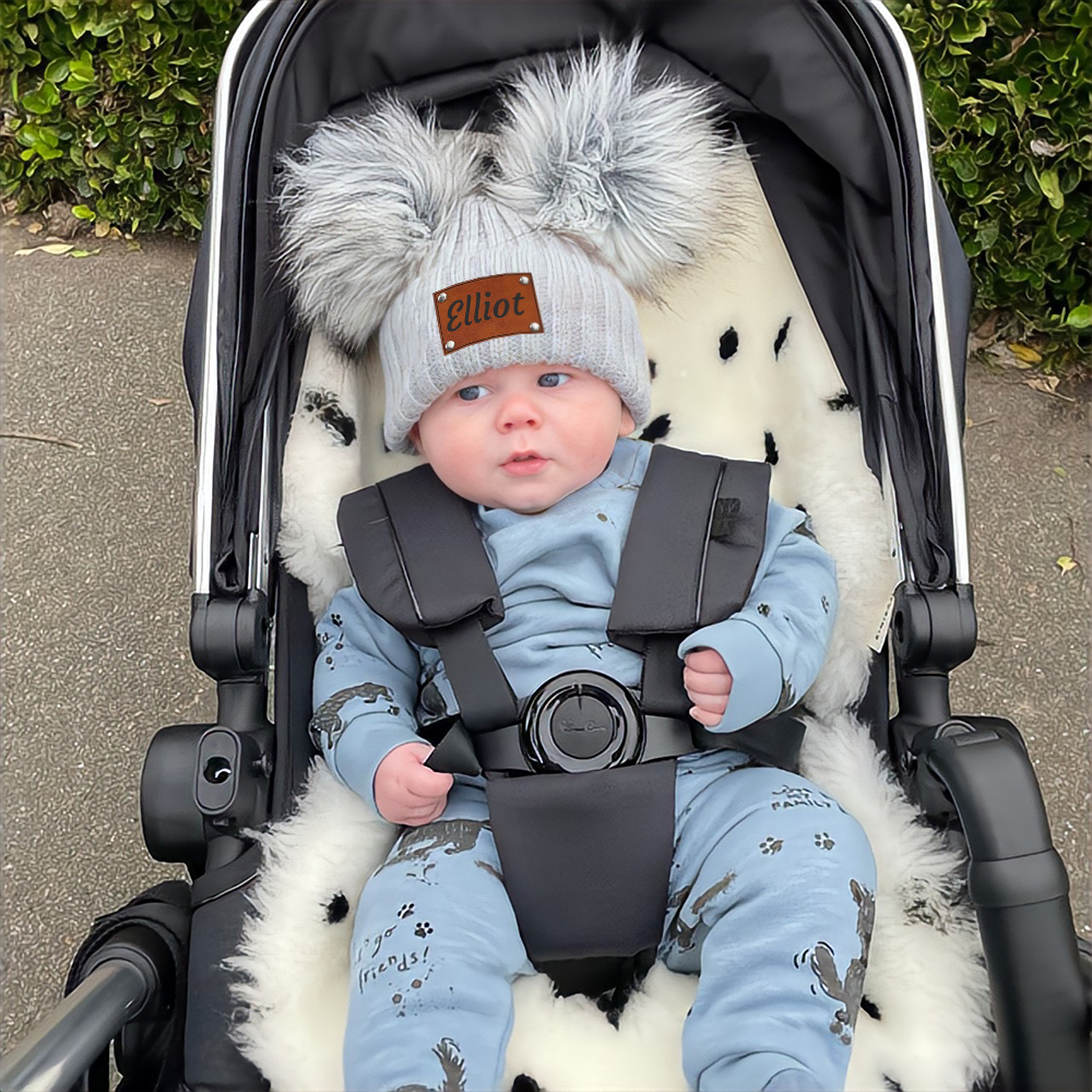 Personalized Leather Patch Kid Pom Pom Hat and Scarf | HSKid0101