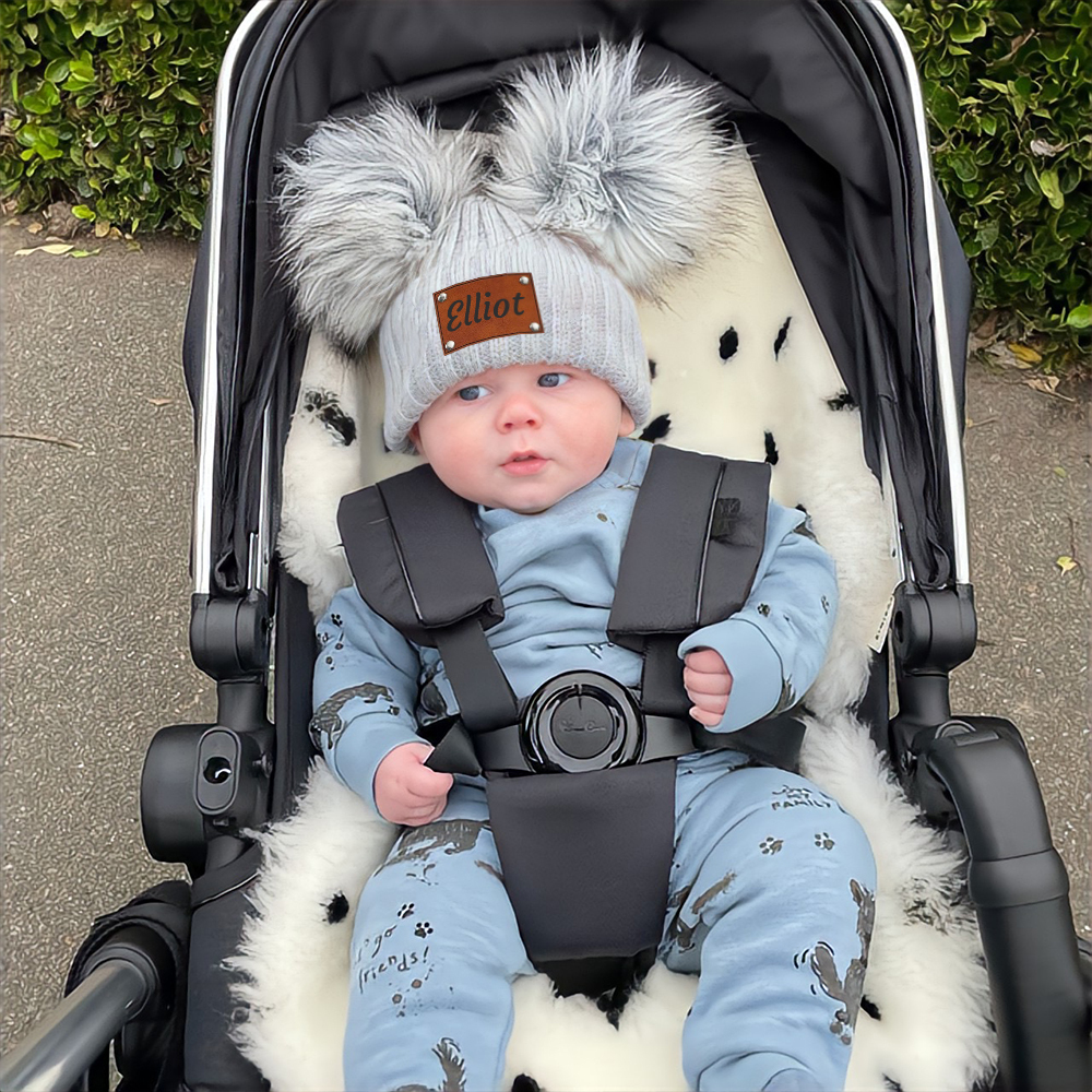 Personalized Leather Patch Kid Pom Pom Hat and Scarf | HSKid0101