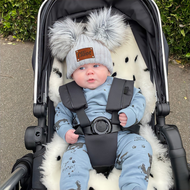 Personalized Leather Patch Kid Pom Pom Hat and Scarf | HSKid0101