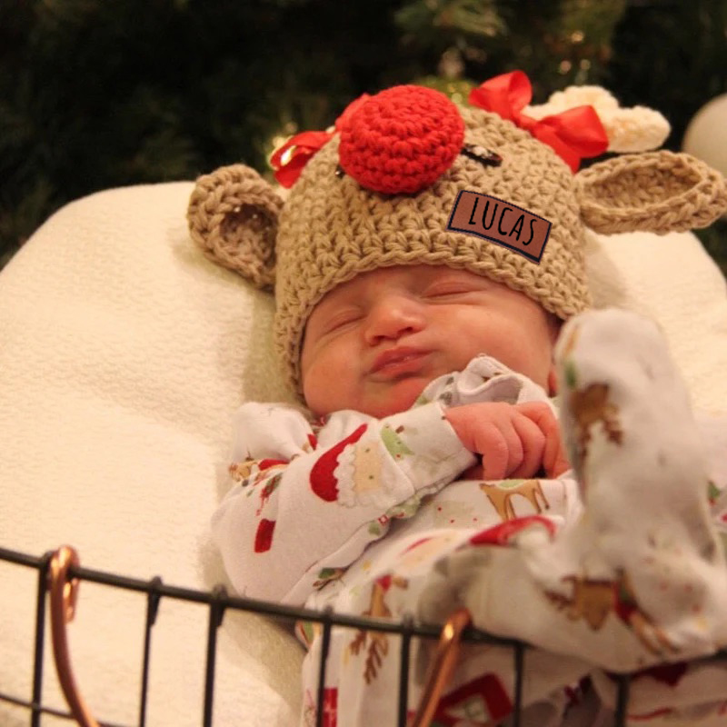 Personalized Leather Patch Christmas Elk Crochet Hat | MCGift112