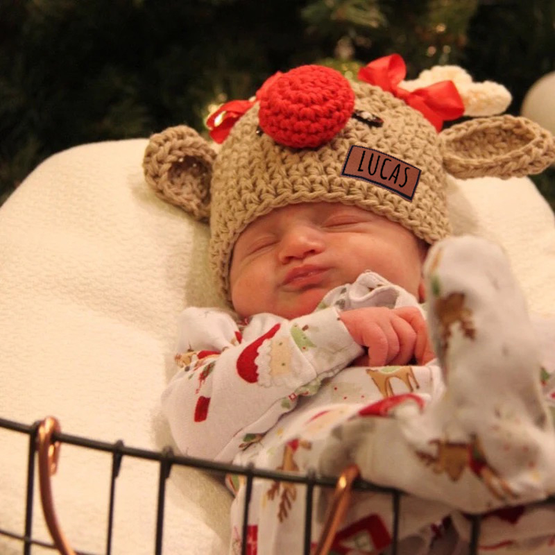 Personalized Leather Patch Christmas Elk Crochet Hat | MCGift112