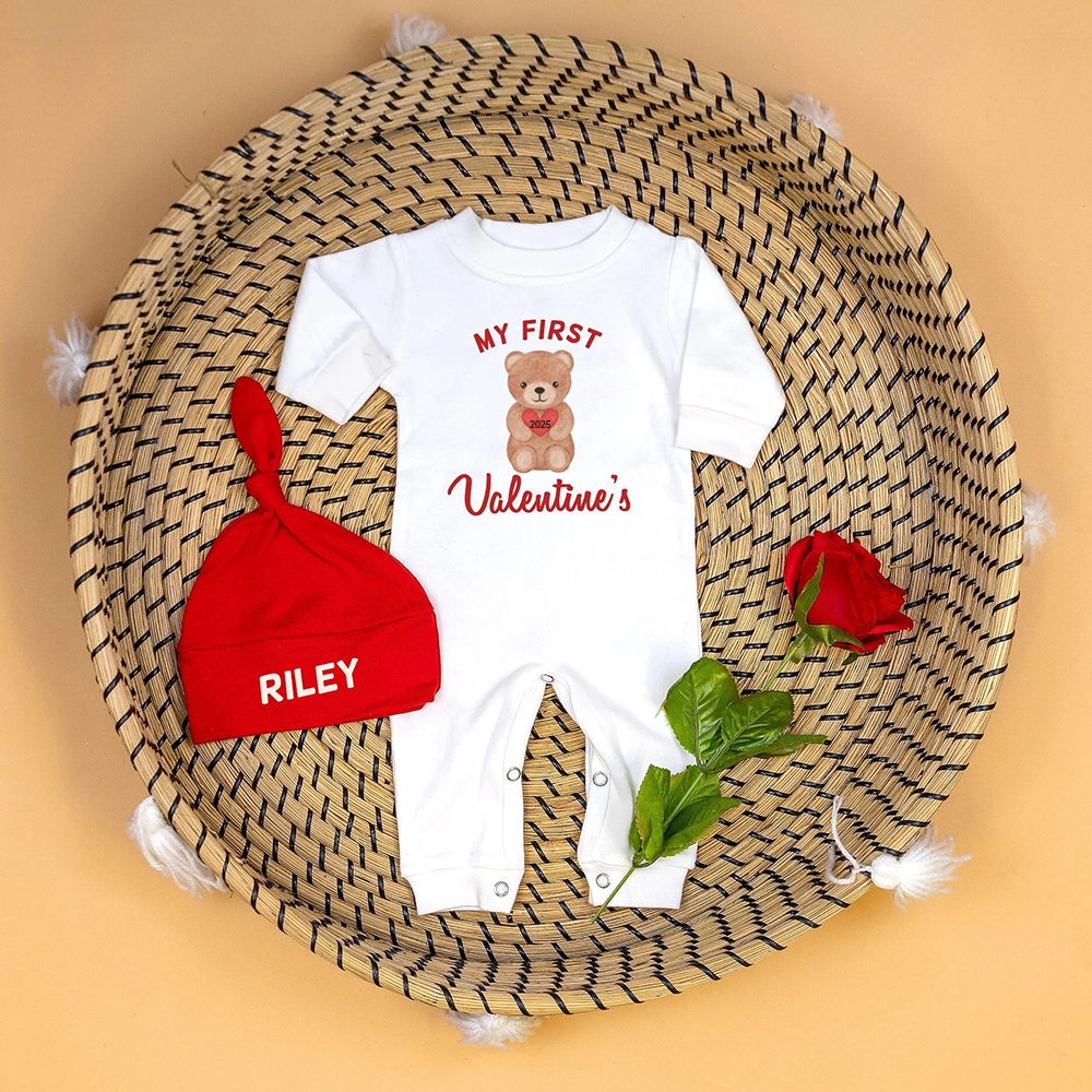Personalized Baby First Valentine Ropmer and Hat Set | CWBaby127