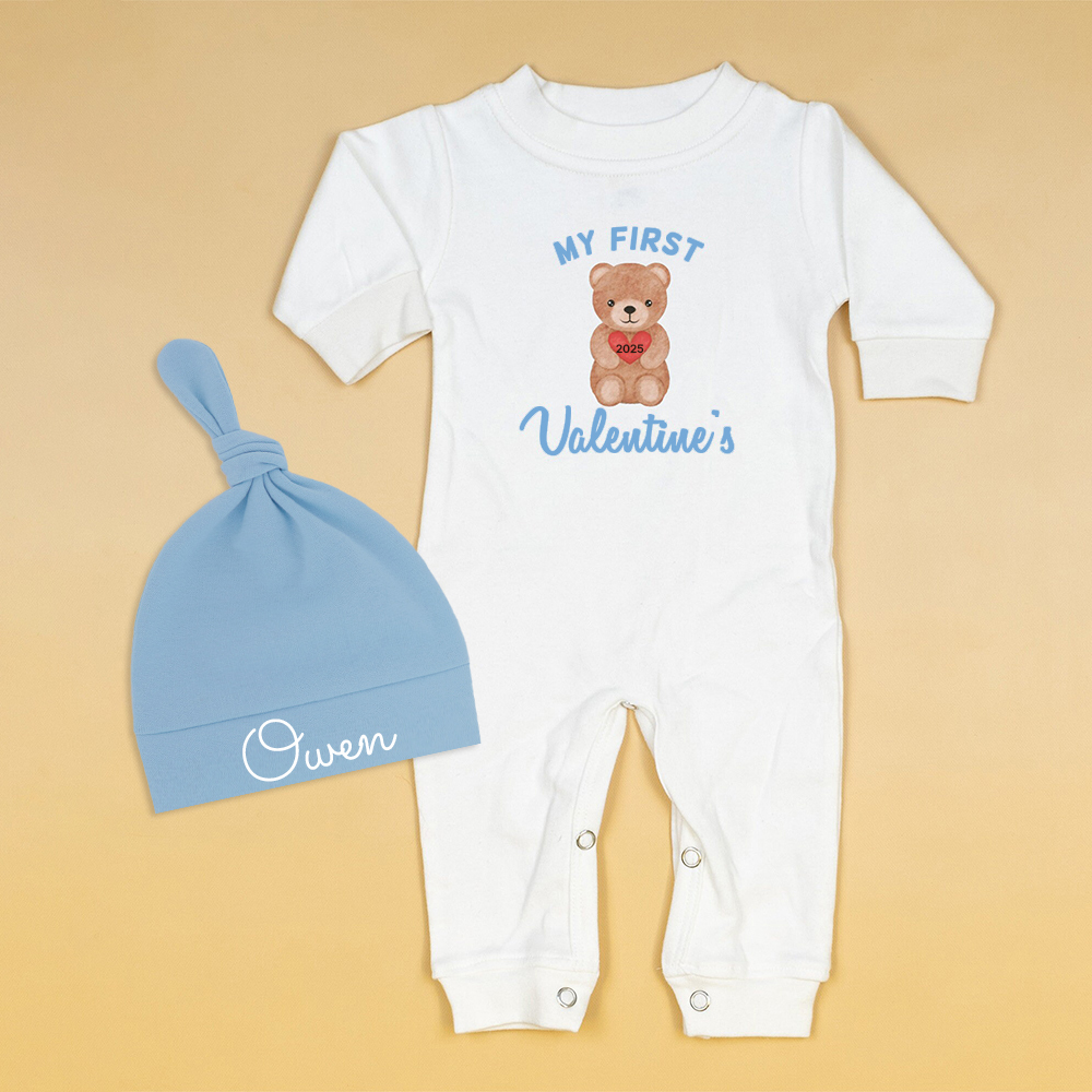 Personalized Baby First Valentine Ropmer and Hat Set | CWBaby127