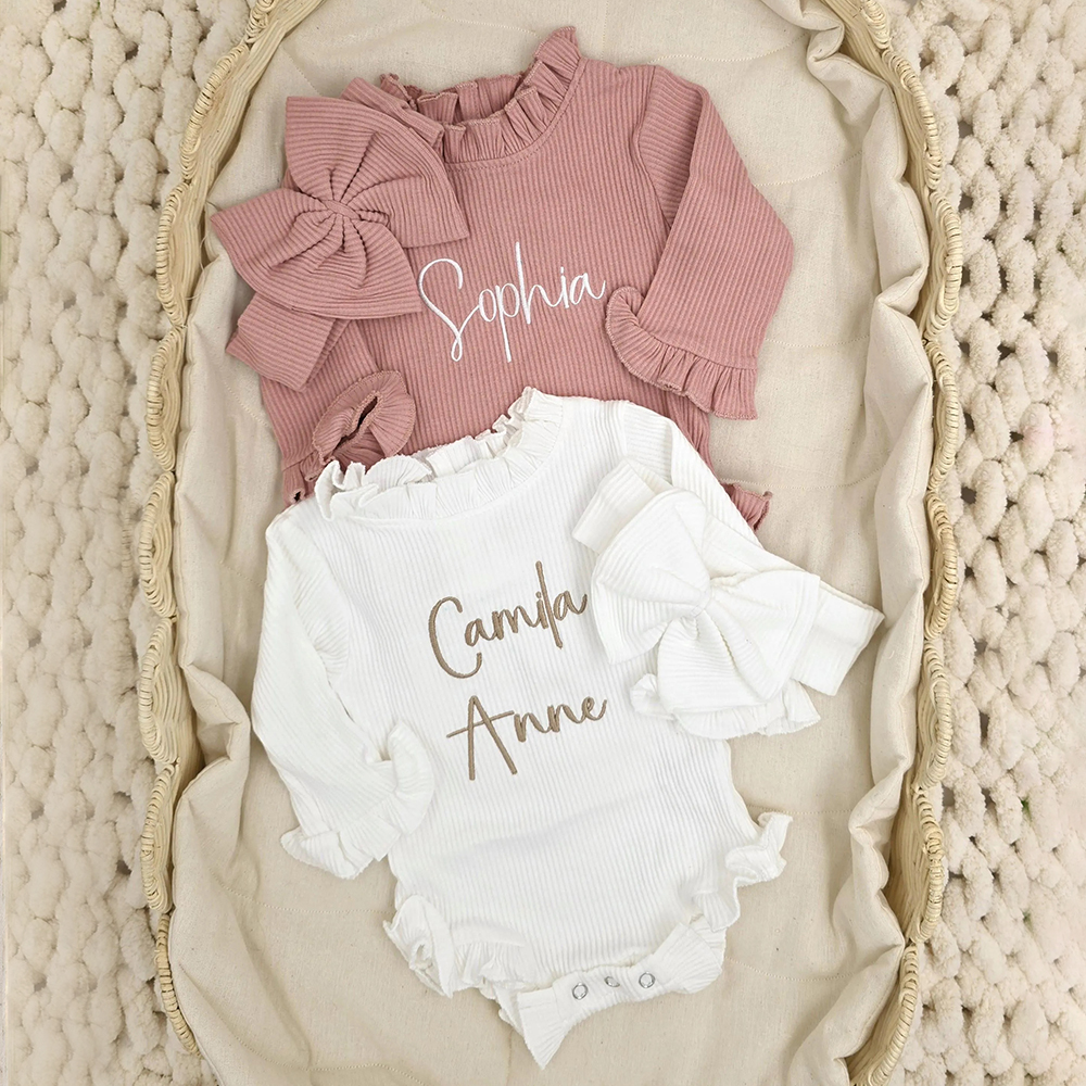 Personalized Embroider Ruffle Romper and Bow Set | CWBaby132