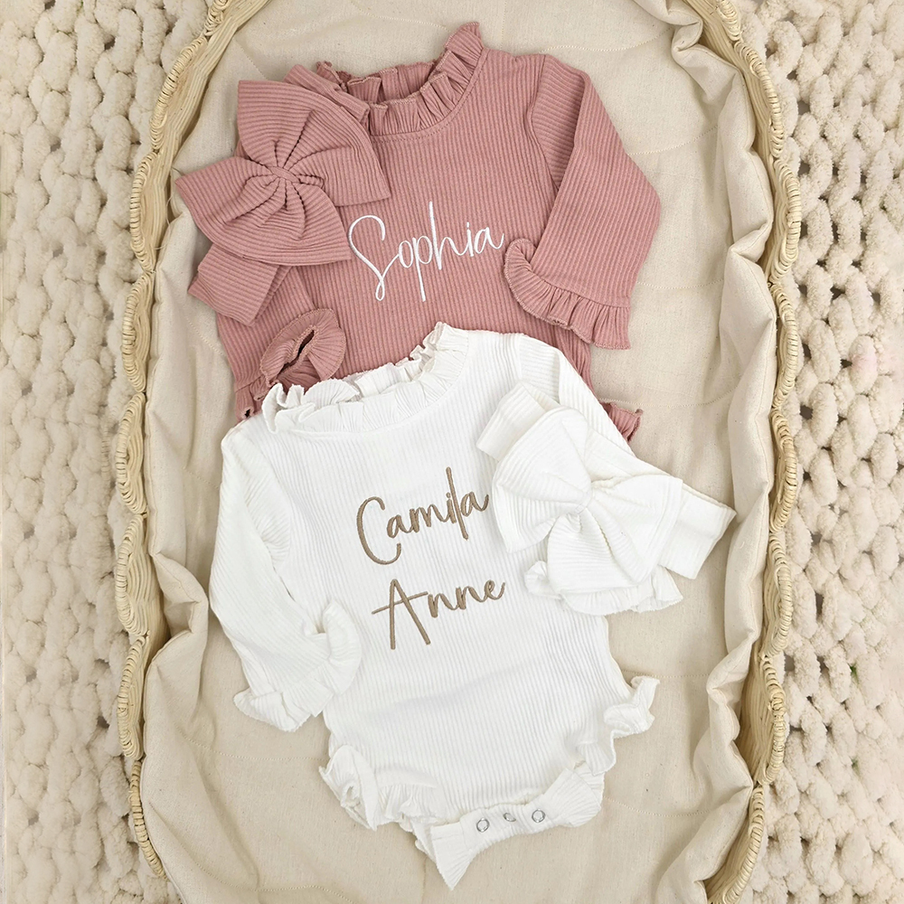Personalized Embroider Ruffle Romper and Bow Set | CWBaby132