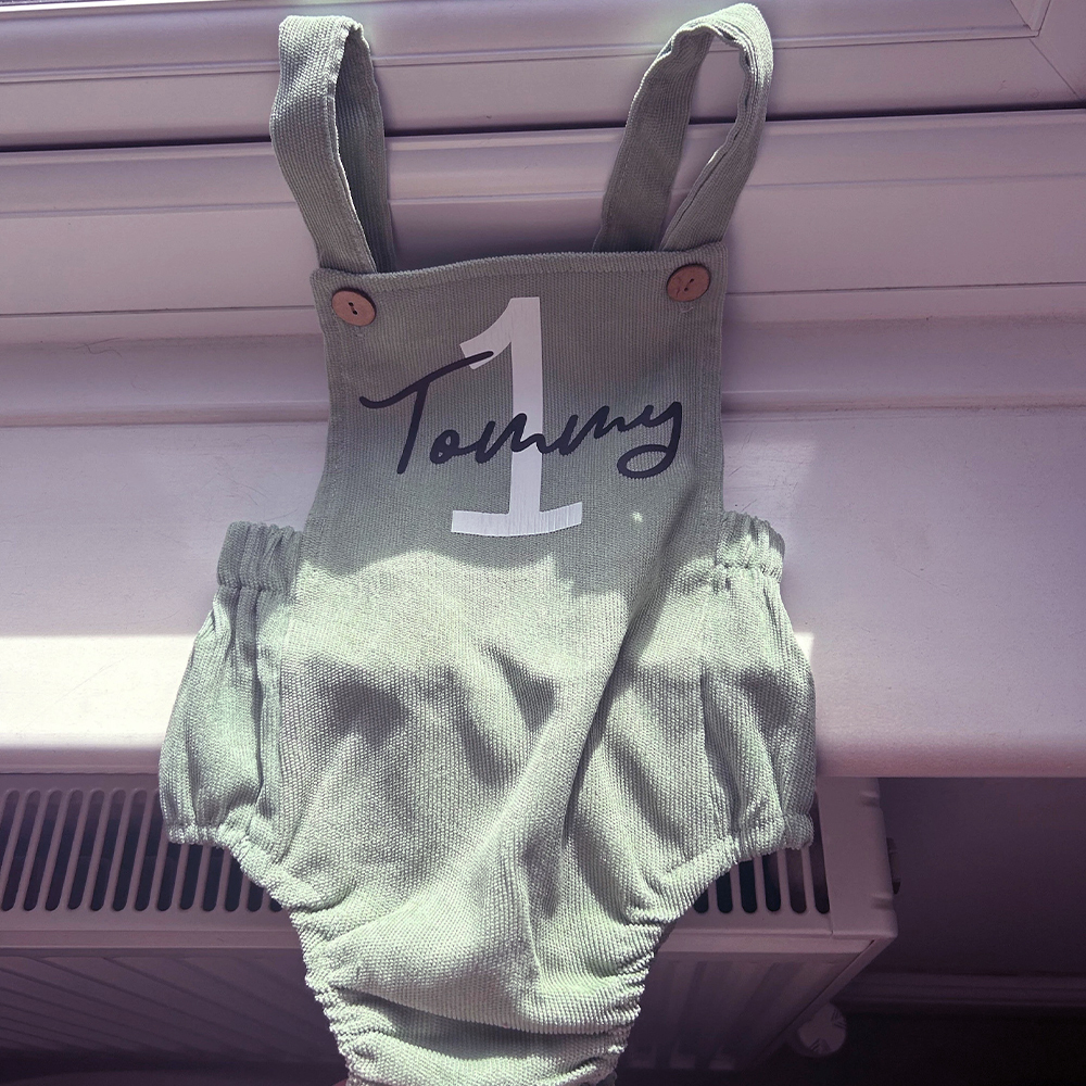 Personalized Baby First Birthday Suspender Triangle Jumpsuit Romper | CWBaby143