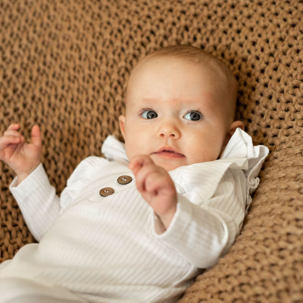 Personalized Embroidery Baby Girls Ruffle Ribbed Knit Romper | CWBaby150