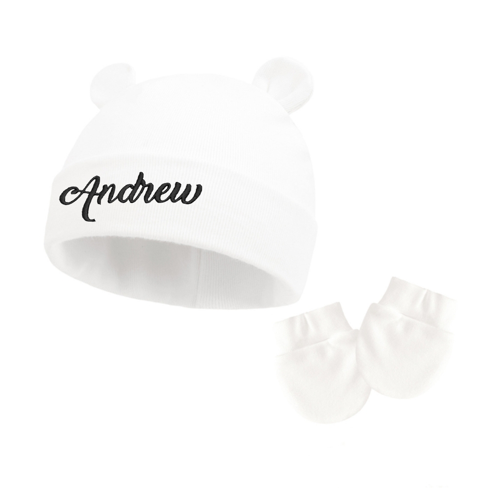 Personalized Embroidery Bear Newborn Homecoming Hat and Gloves Set | HSKid56