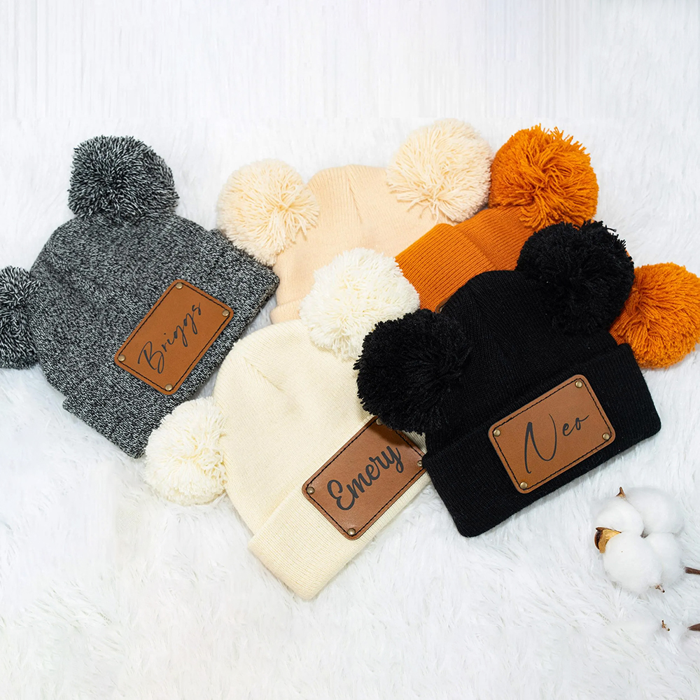 Personalized Leather Patch Pom Pom Hat for Comfort & Unique | HSKid55