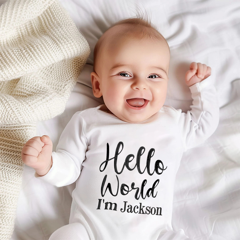 Personalized Embroidered Baby Hello World Romper and Hat Set | CWBaby166