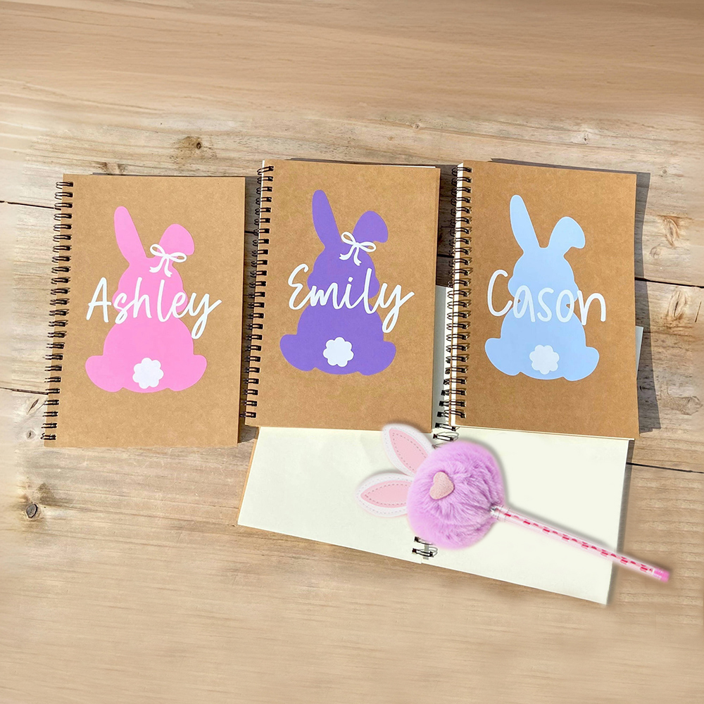 Personalized Easter Basket Bunny Notebook and PomPom Pen Set | CWToy110