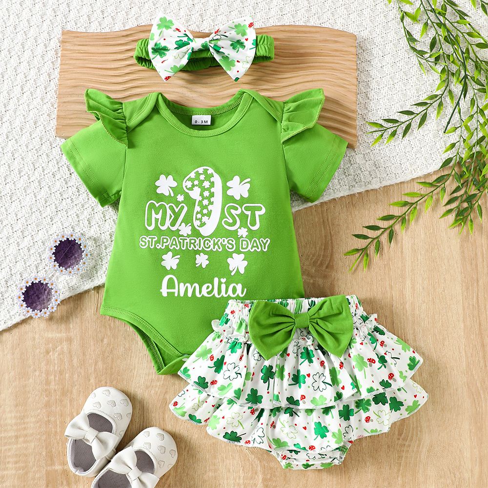 Personalized Baby Girl St. Patrick's Day Four Leaf Clover Letter Romper Set | CWBaby177
