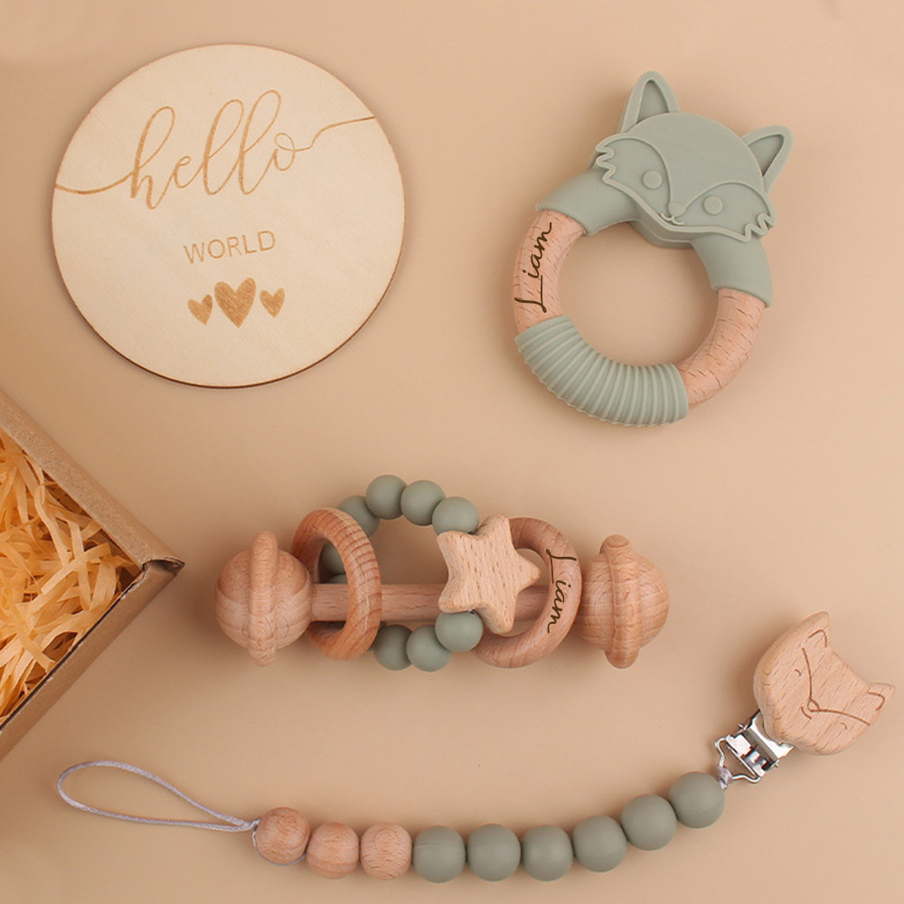 Personalized Baby Wooden Fox Pacifier Clip 4 Pcs Gift Set | CWBaby113