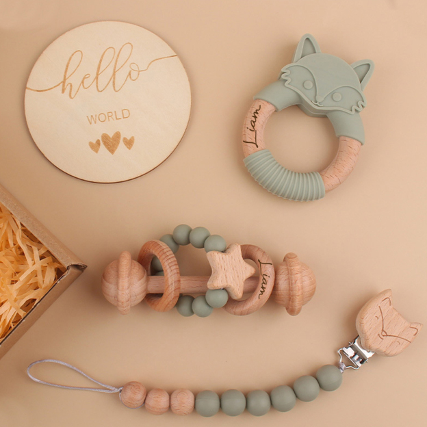 Personalized Baby Wooden Fox Pacifier Clip 4 Pcs Gift Set | CWBaby113