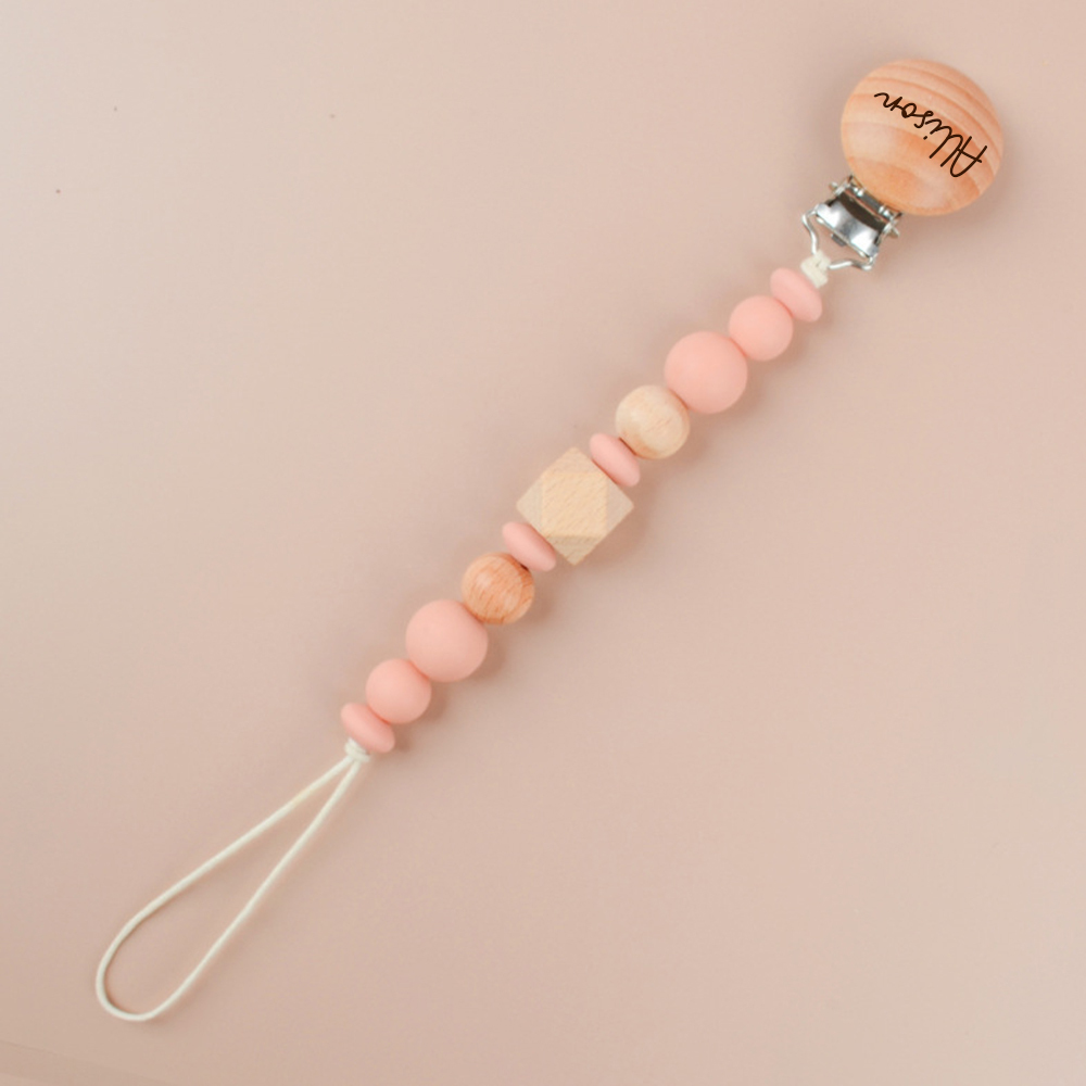 Personalized Baby Pacifier Silicone Wooden Bead Clip | CWBaby115