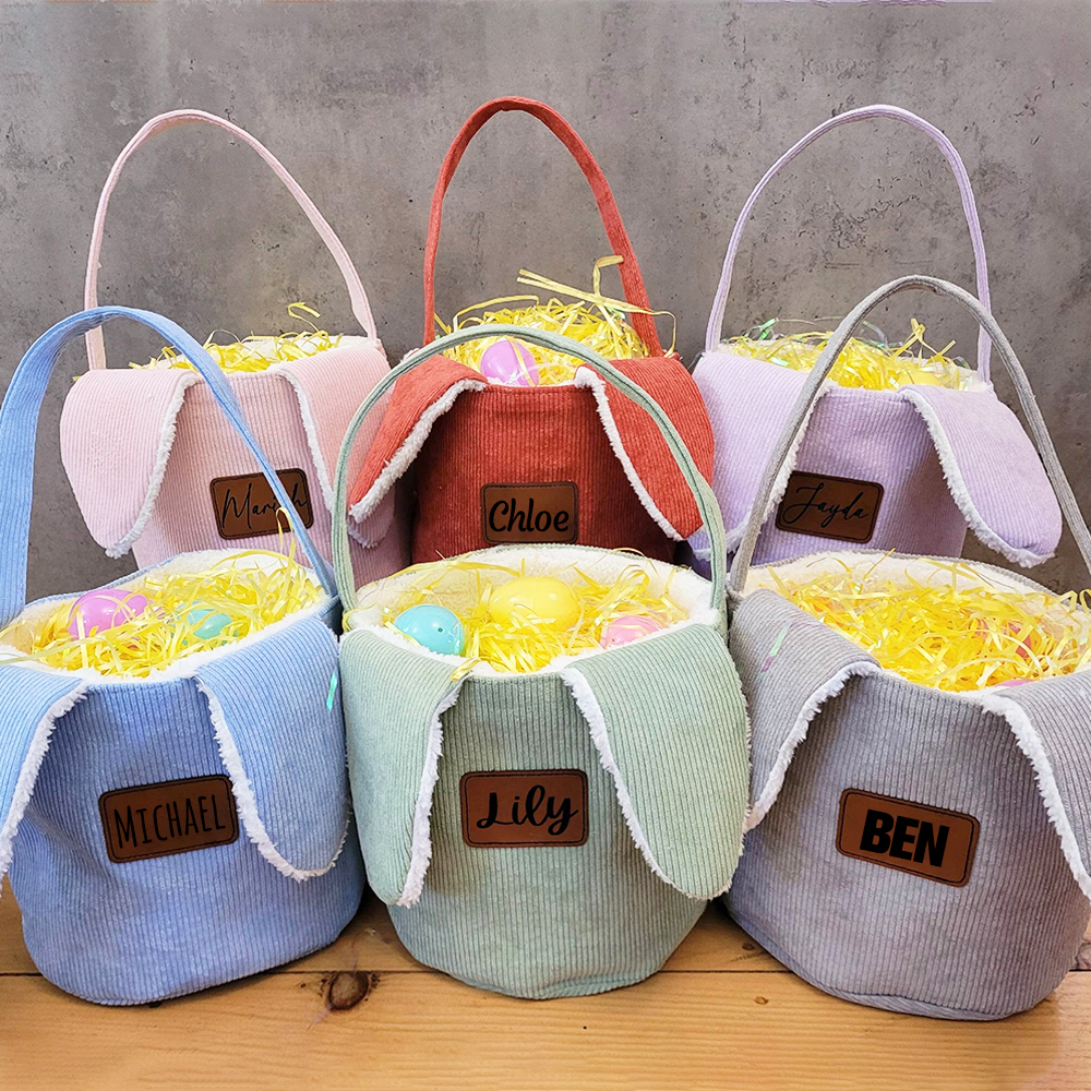 Personalized Leather Patch Corduroy Easter Bunny Basket | CWEaster4301