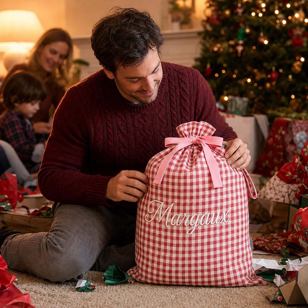Personalized Embroidered Gingham Santa Gift Bag | MCGift391