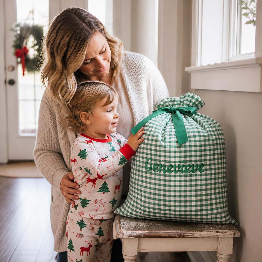 Personalized Embroidered Gingham Santa Gift Bag | MCGift391