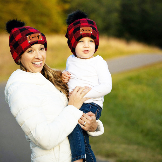 Personalized Leather Patch Pom Pom Hat for Comfort & Unique | HSKid53