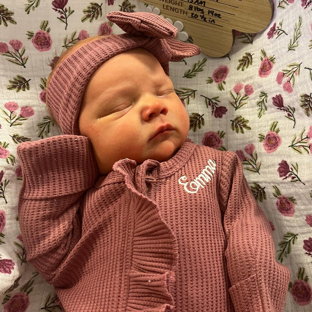 Personalized Newborn Embroidery Waffle Ruffled Romper With Bow | CWBaby426