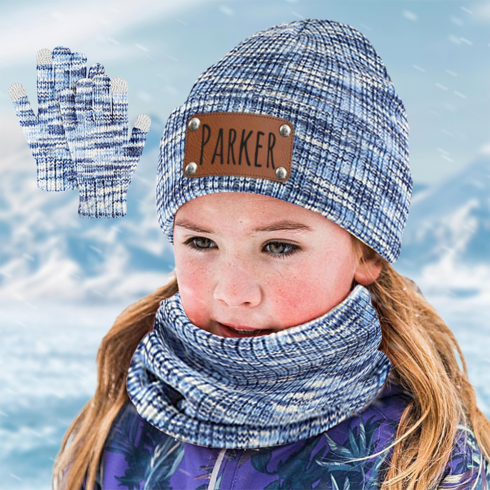 Personalized Leather Patch Kid Winter Hat Glove Scarf Set | HSKid69