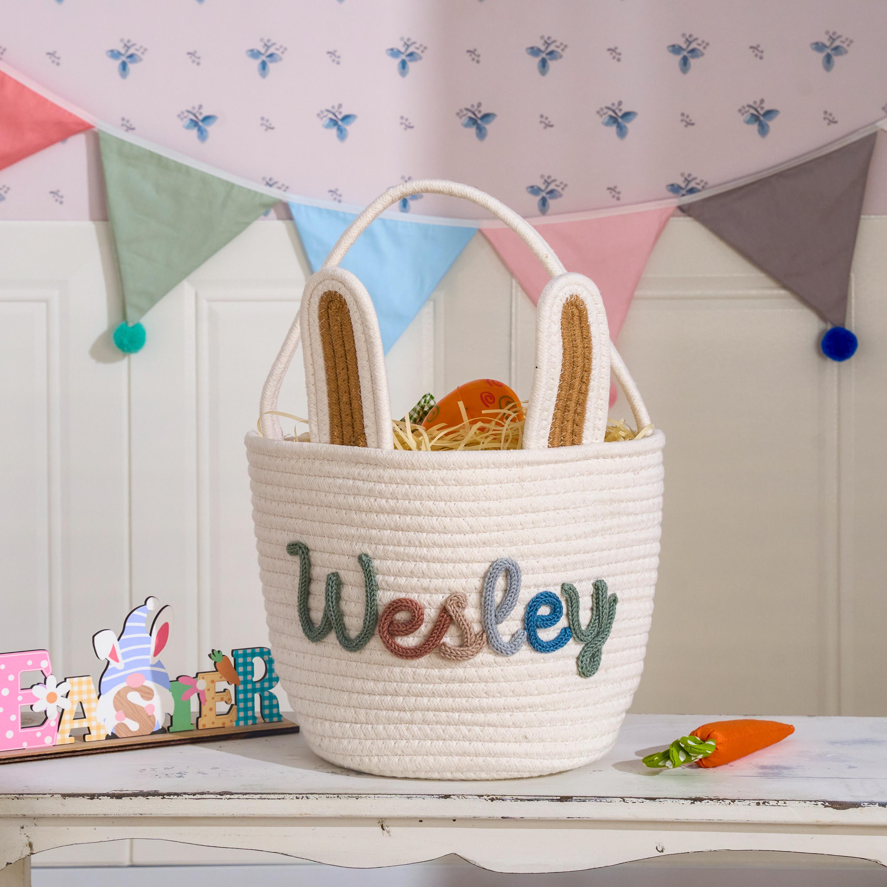 Personalized Hand-embroidered Bunny Easter Basket | CWEaster81