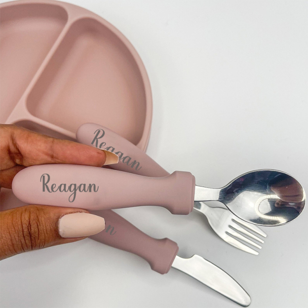 Personalised Kid Silicone Utensil Sets-Fork, Knife, Spoon  | CWBaby70
