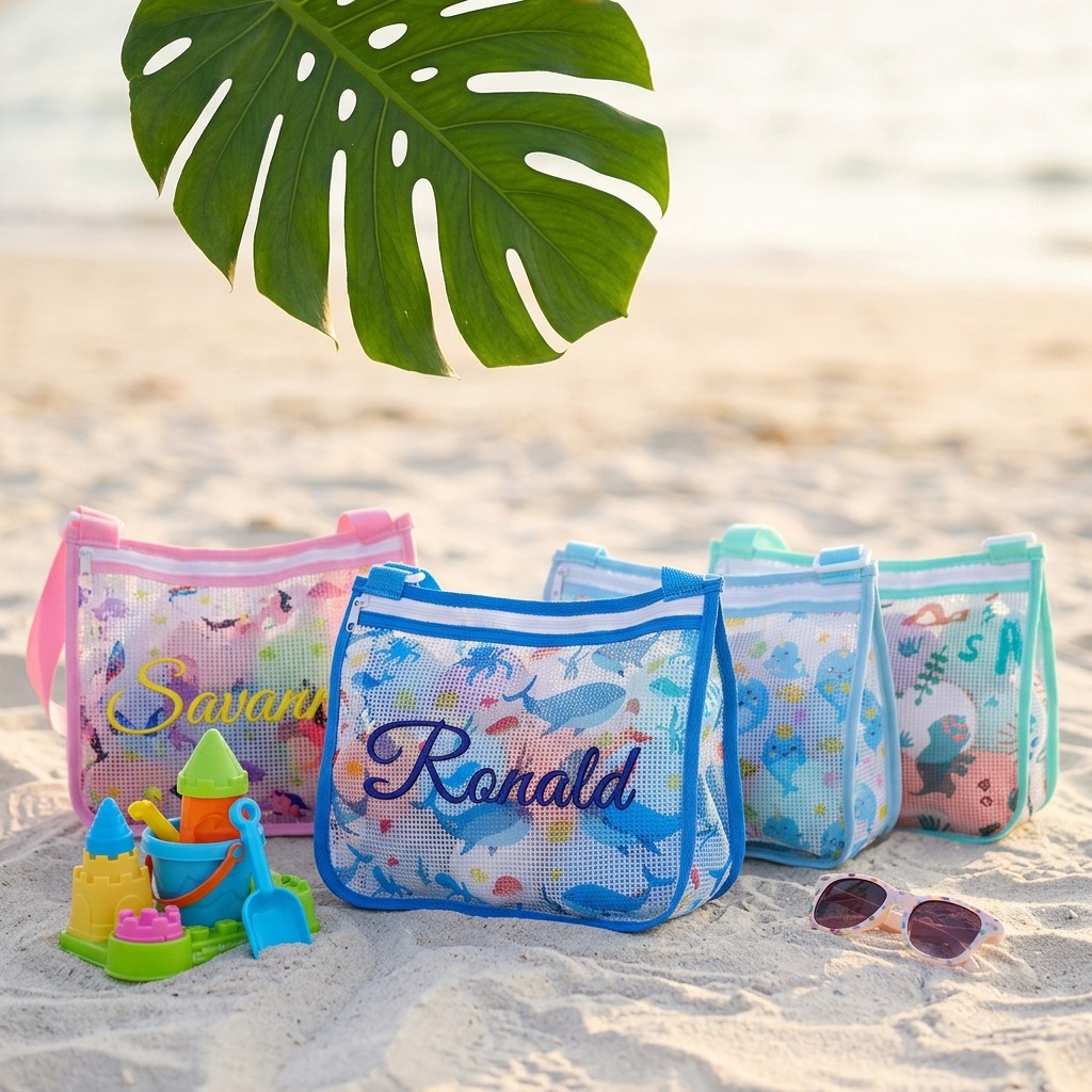 Personalized Embroidery Seashell Zipper Mesh Beach Bag | CWBeach132
