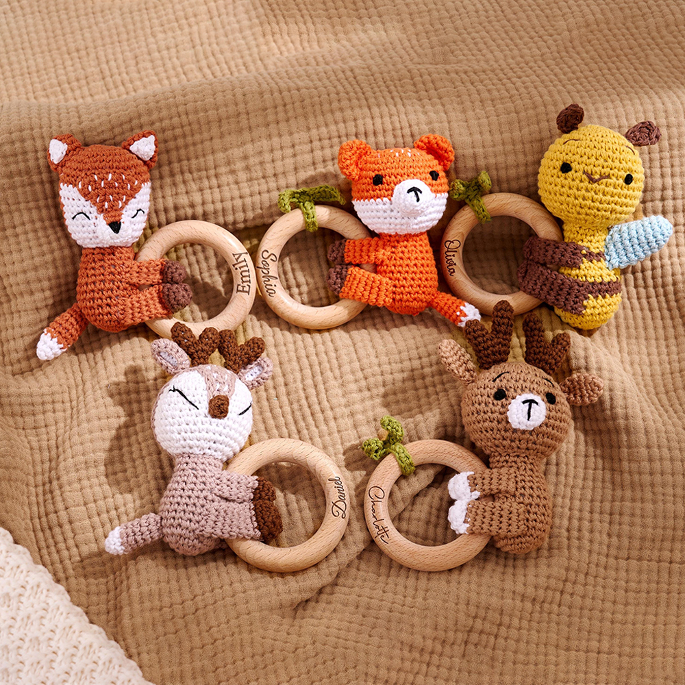 Personalized Baby Handmade Crochet Wooden Rattle Ring | CWToy172