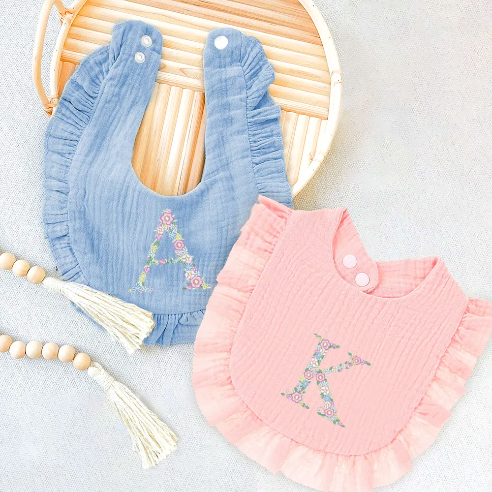 Personalized Embroidered Flowers Letter Baby Cotton Gauze Bibs | CWBaby224