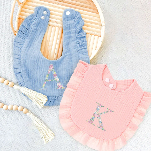 Personalized Embroidered Flowers Letter Baby Cotton Gauze Bibs | CWBaby224