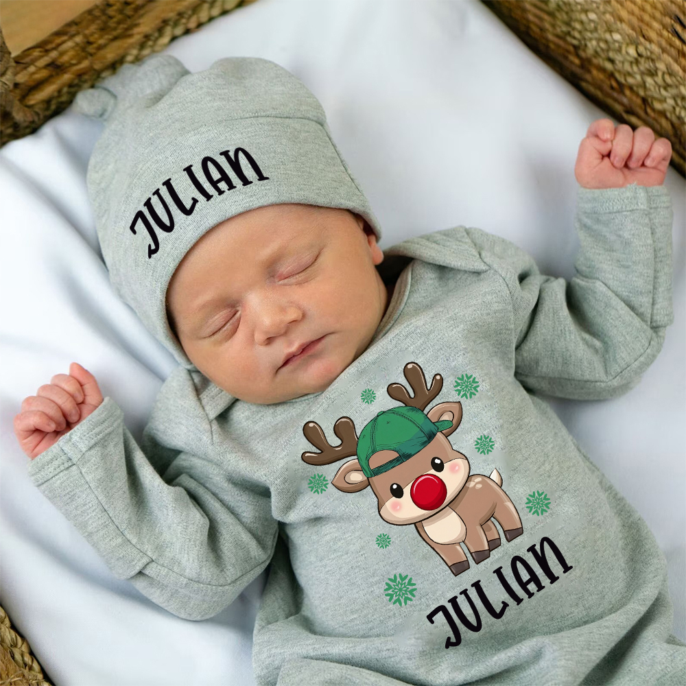 Personalized Baby Christmas Adorable Elk Romper and Hat Set | MCGift233