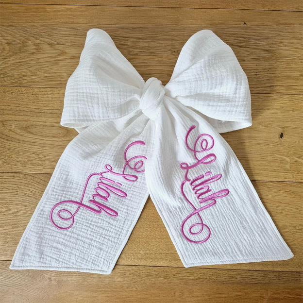 Personalized Embroidery Organic Cotton Yarn Baby Bow Sash | CWBaby261