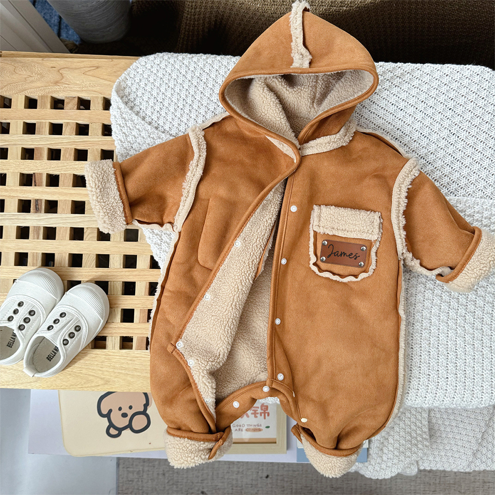 Personalized Leather Patch Double-Sided Wear Suede Baby Romper | CWBaby291