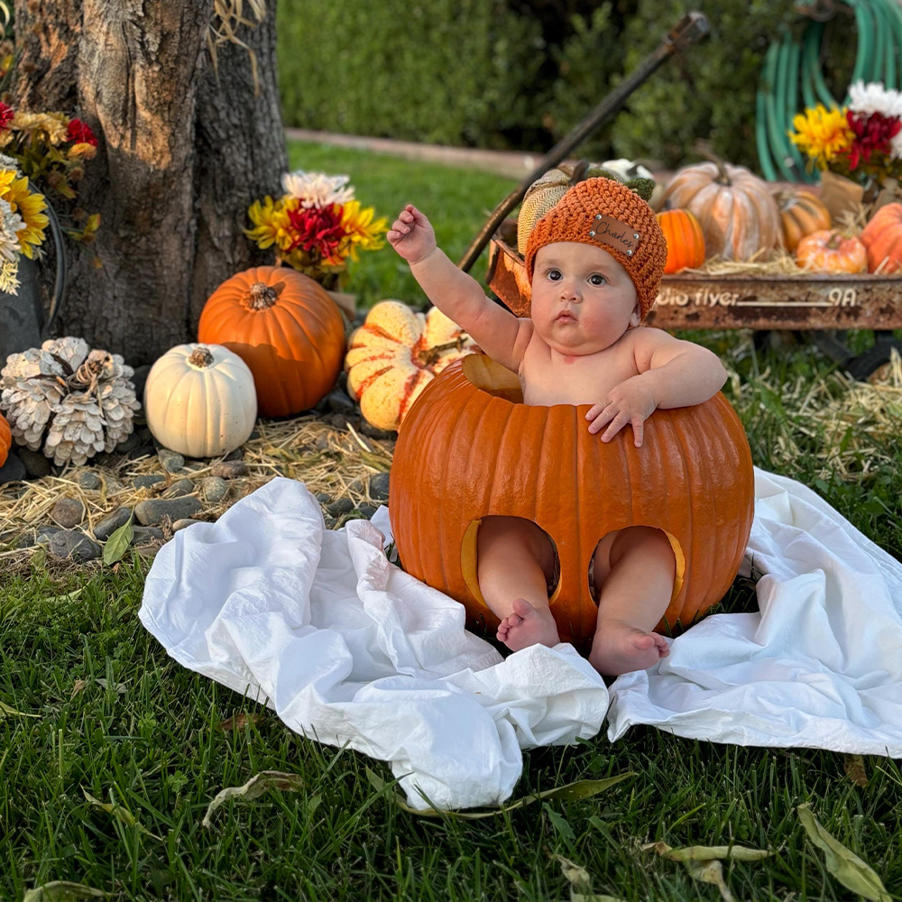 Personalized Leather Patch Pumpkin Wool Beanie | CWHalloween72