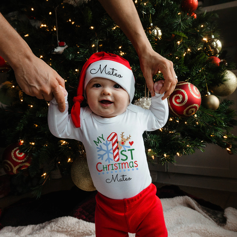 Personalized Baby 1st Christmas Ropmer Onesie Set | MCGift119