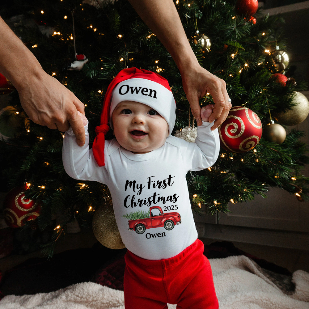 Personalized Baby 1st Christmas Ropmer Onesie Set | MCGift121